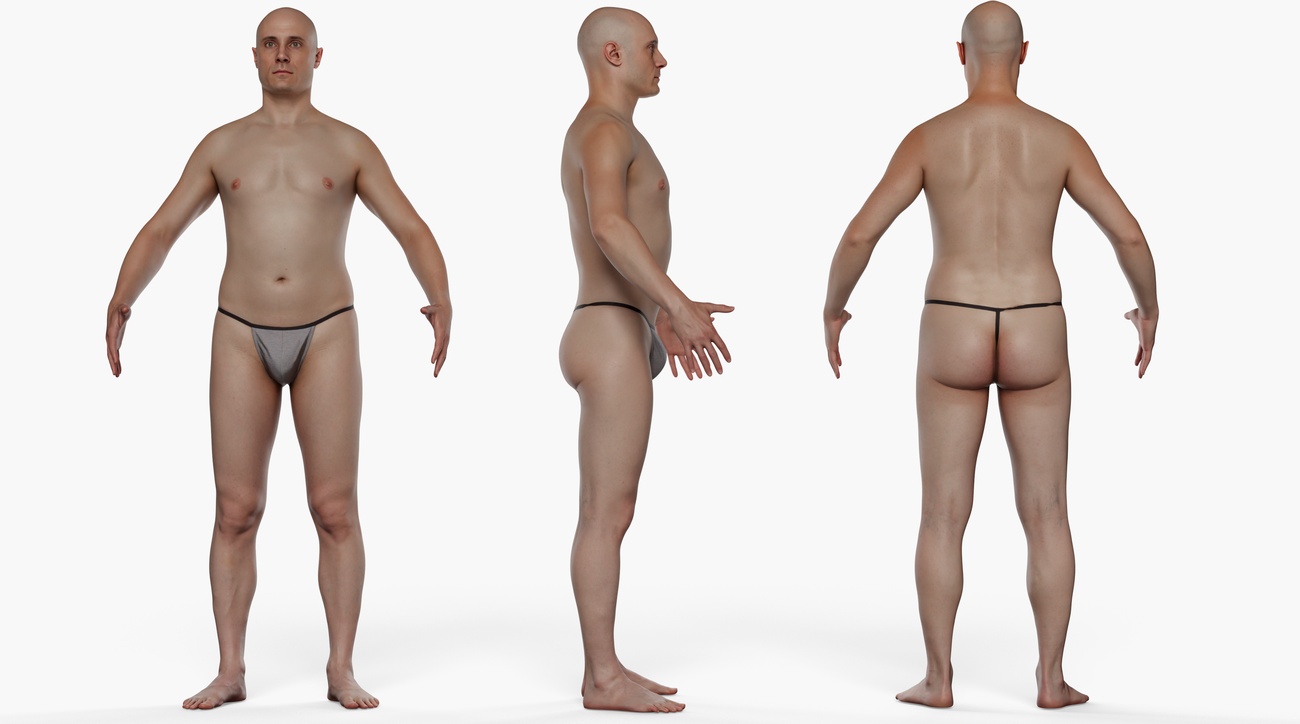 Full body 3D scan of an average-to-heavy build male, photogrammetry-captured with PBR-ready skin textures